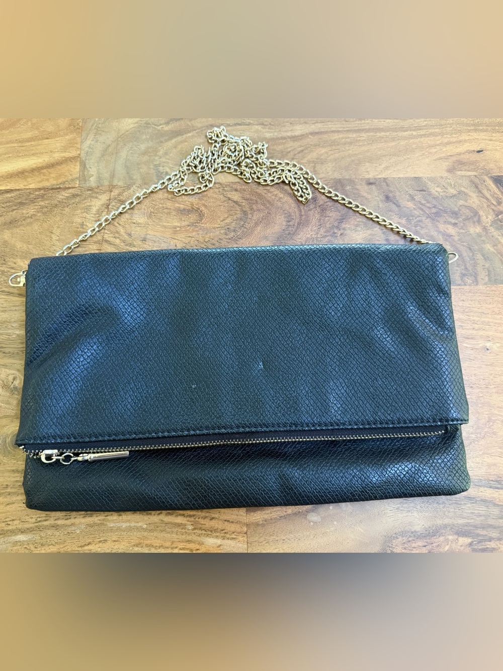 Black Textured Chain-Handle Foldover Clutch